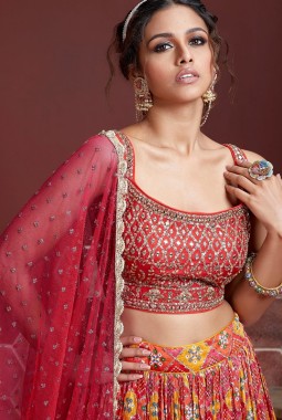 Red Pure Chinnon Silk Digital Print Wedding Lehenga Choli