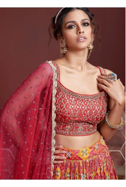 Red Pure Chinnon Silk Digital Print Wedding Lehenga Choli