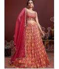 Red Pure Chinnon Silk Digital Print Wedding Lehenga Choli