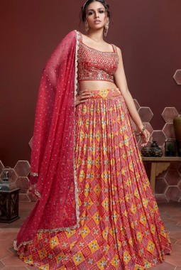 Red Pure Chinnon Silk Digital Print Wedding Lehenga Choli