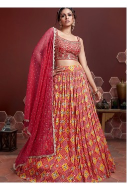 Red Pure Chinnon Silk Digital Print Wedding Lehenga Choli