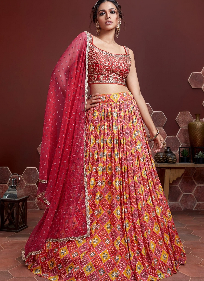 Red Pure Chinnon Silk Digital Print Wedding Lehenga Choli