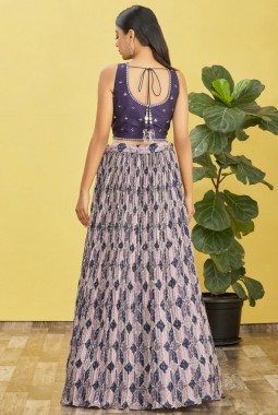 Blue Chinnon Digital Print Wedding Lehenga Choli