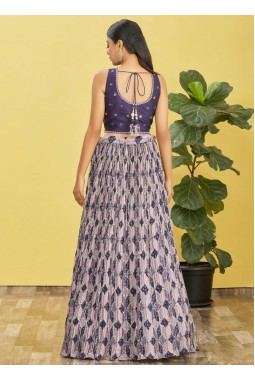 Blue Chinnon Digital Print Wedding Lehenga Choli