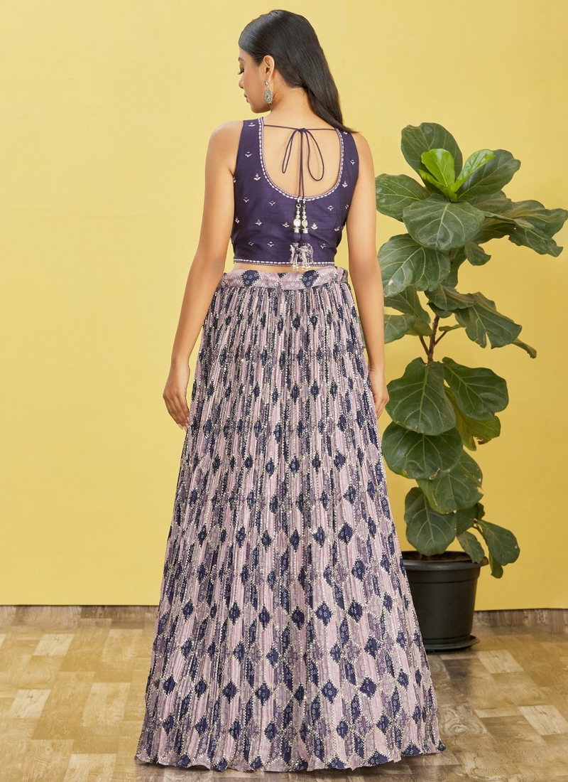 Blue Chinnon Digital Print Wedding Lehenga Choli