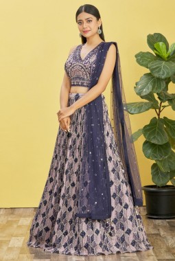 Blue Chinnon Digital Print Wedding Lehenga Choli