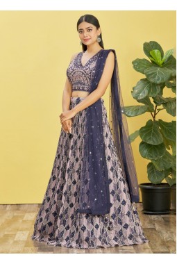 Blue Chinnon Digital Print Wedding Lehenga Choli