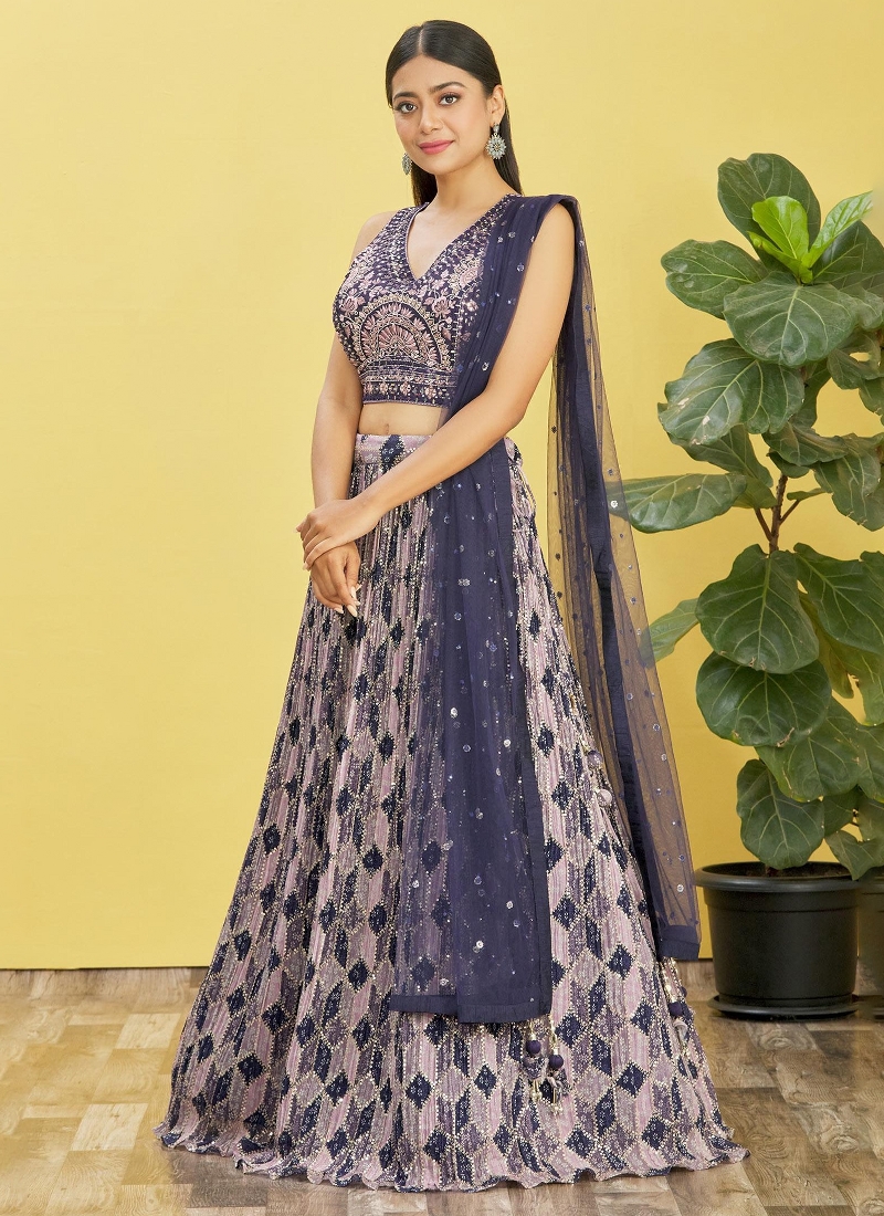 Blue Chinnon Digital Print Wedding Lehenga Choli