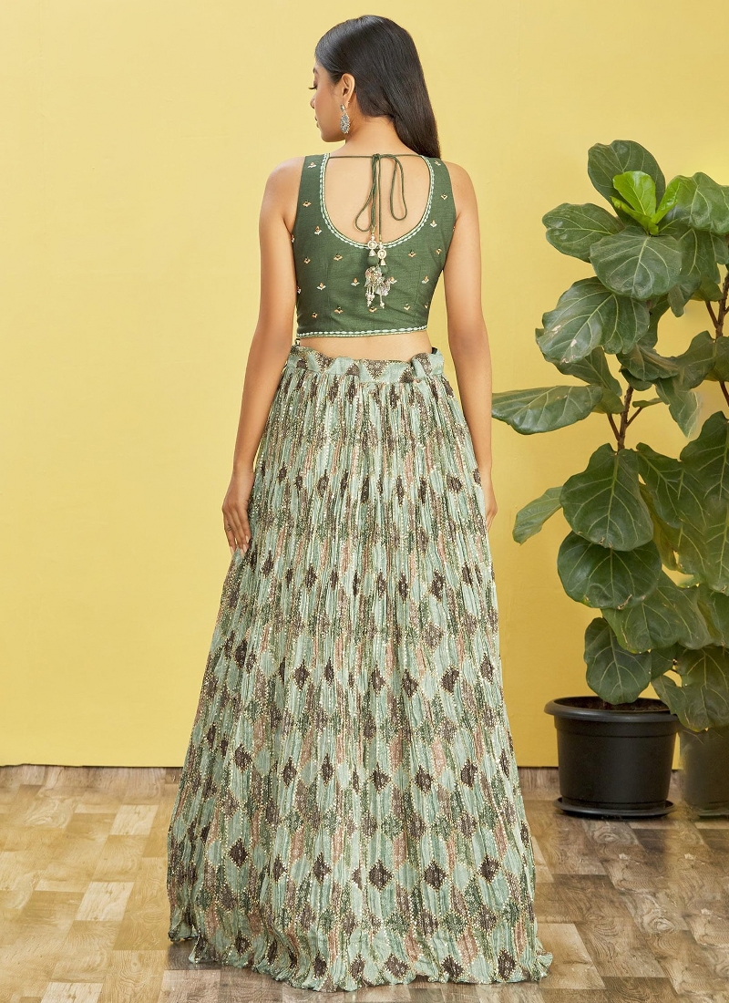 Green Chinnon Sequins Embroidered Wedding Lehenga Choli