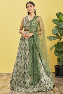 Green Chinnon Sequins Embroidered Wedding Lehenga Choli