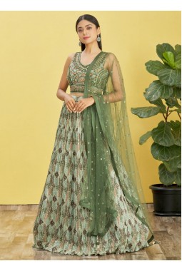 Green Chinnon Sequins Embroidered Wedding Lehenga Choli