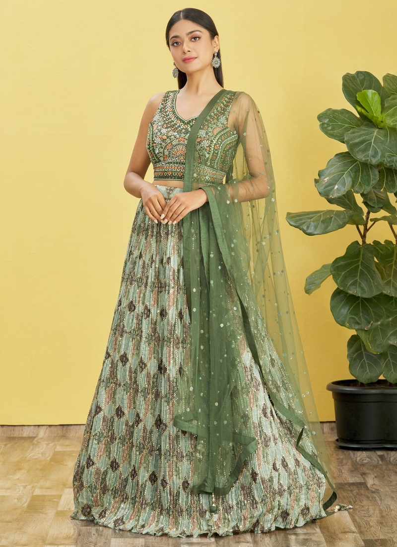 Green Chinnon Sequins Embroidered Wedding Lehenga Choli