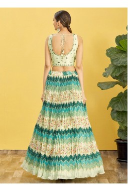 Green Chinnon Real Mirror Wedding Lehenga Choli