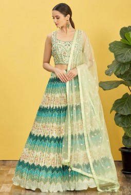 Green Chinnon Real Mirror Wedding Lehenga Choli