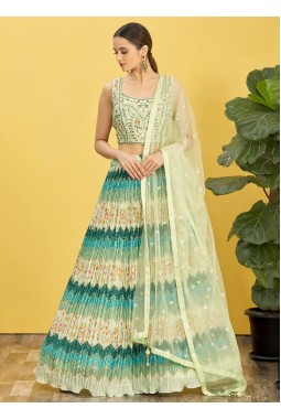 Green Chinnon Real Mirror Wedding Lehenga Choli