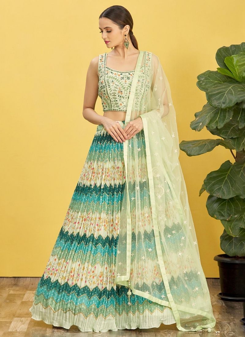 Green Chinnon Real Mirror Wedding Lehenga Choli