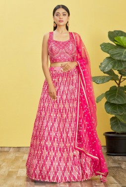 Pink Chinnon Sequins Embroidered Wedding Lehenga Choli