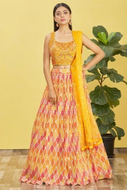 Yellow Chinnon Zari Embroidered Wedding Lehenga Choli