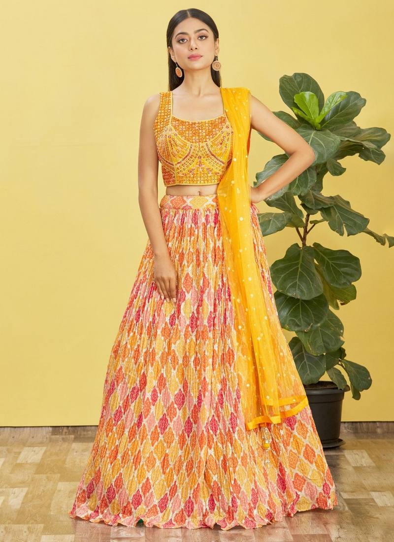 Yellow Chinnon Zari Embroidered Wedding Lehenga Choli