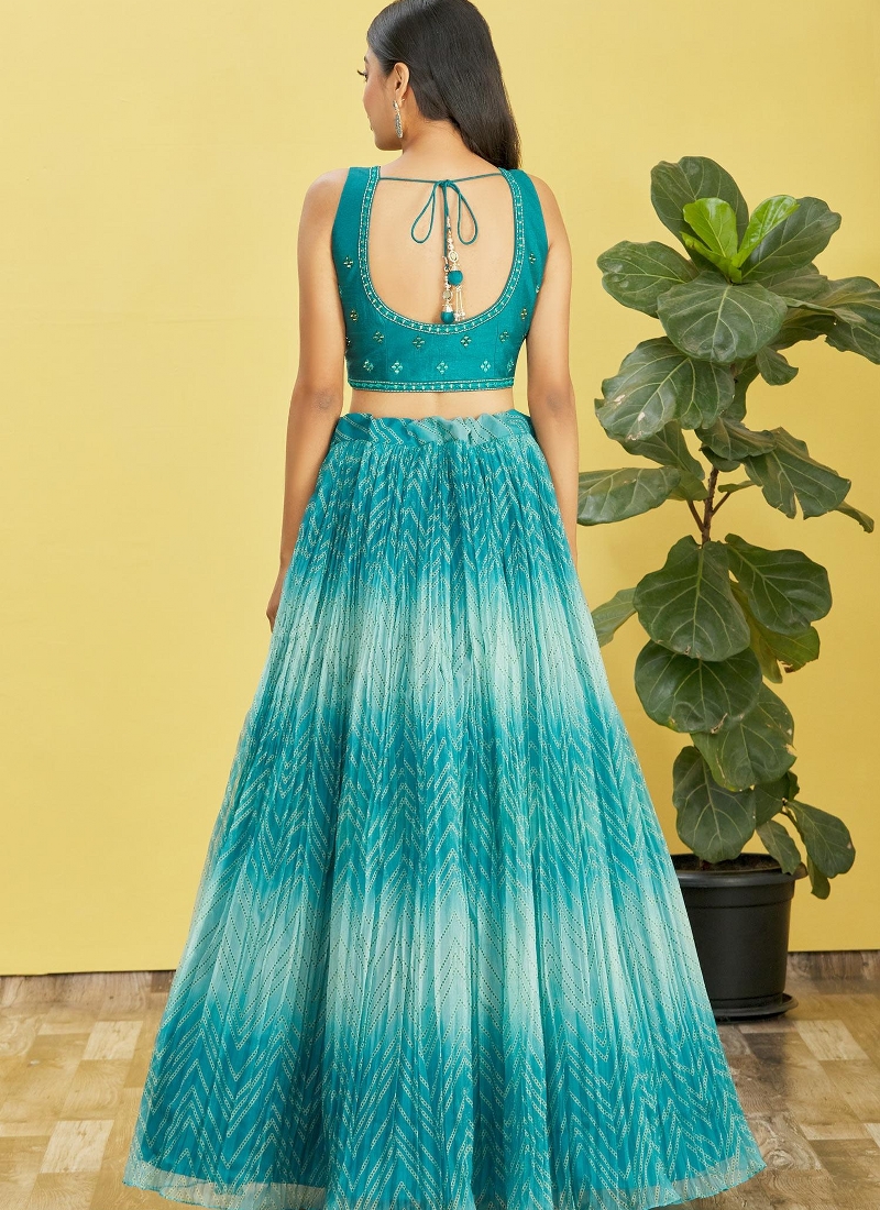 Blue Organza Digital Print Wedding Lehenga Choli