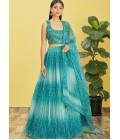 Blue Organza Digital Print Wedding Lehenga Choli