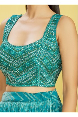 Blue Organza Digital Print Wedding Lehenga Choli