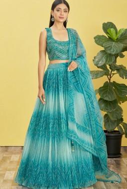 Blue Organza Digital Print Wedding Lehenga Choli