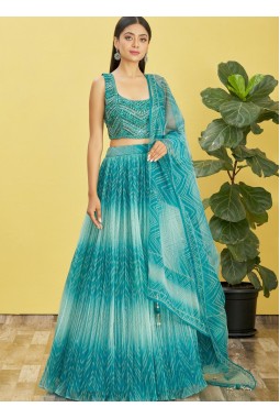 Blue Organza Digital Print Wedding Lehenga Choli