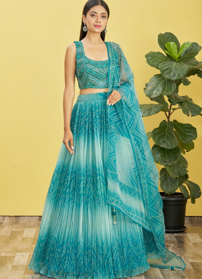 Blue Organza Digital Print Wedding Lehenga Choli