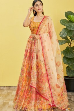 Yellow Organza Mirror Work Wedding Lehenga Choli