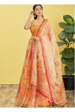 Yellow Organza Mirror Work Wedding Lehenga Choli
