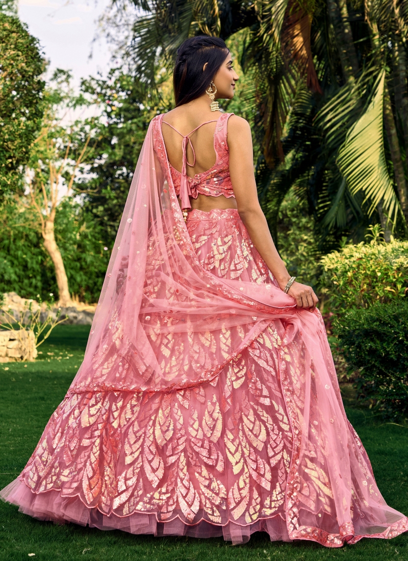 Pink Soft Net Thread Embroidered Wedding Lehenga Choli