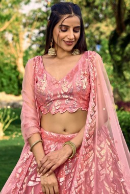 Pink Soft Net Thread Embroidered Wedding Lehenga Choli