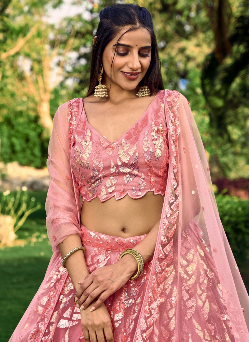 Pink Soft Net Thread Embroidered Wedding Lehenga Choli