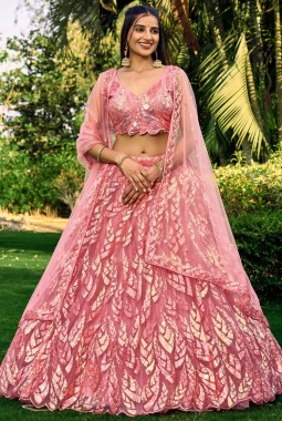Pink Soft Net Thread Embroidered Wedding Lehenga Choli