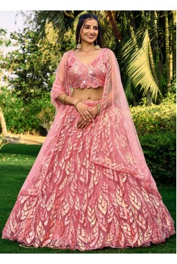 Pink Soft Net Thread Embroidered Wedding Lehenga Choli