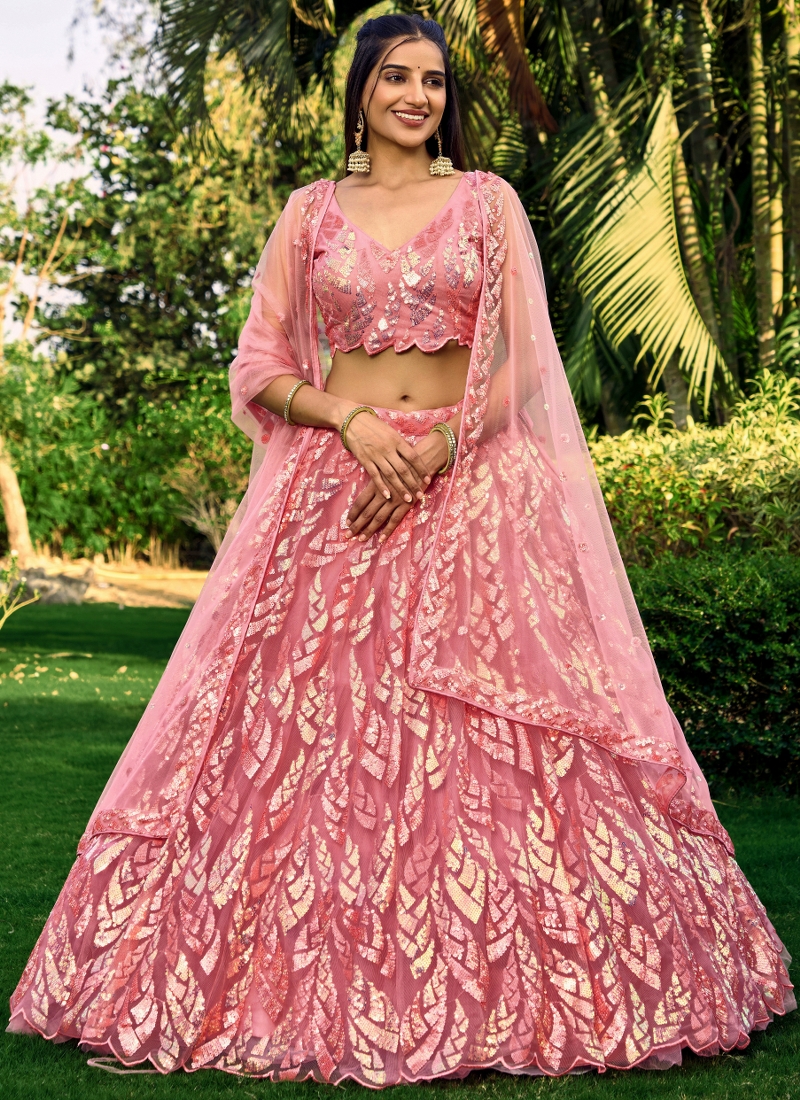 Pink Soft Net Thread Embroidered Wedding Lehenga Choli