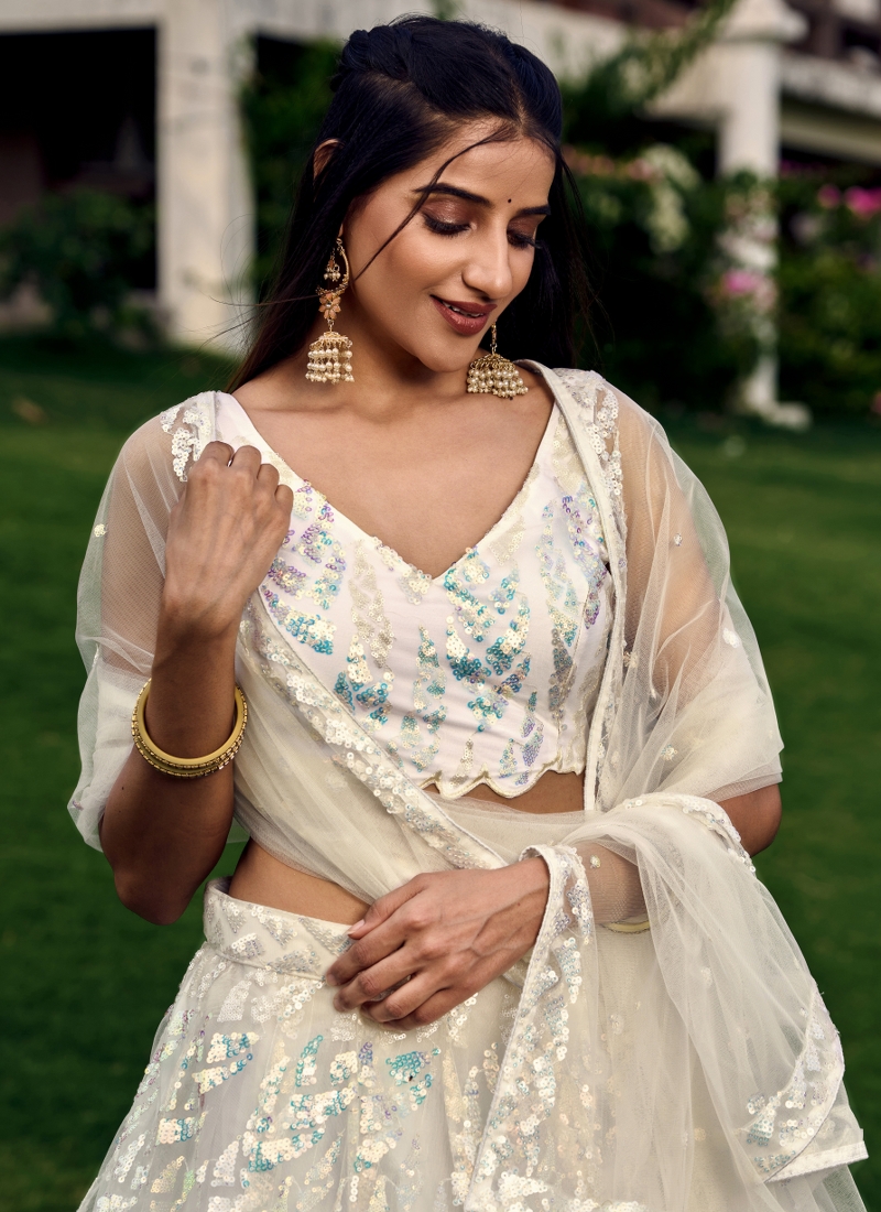 White Soft Net Multiple Sequins Wedding Lehenga Choli