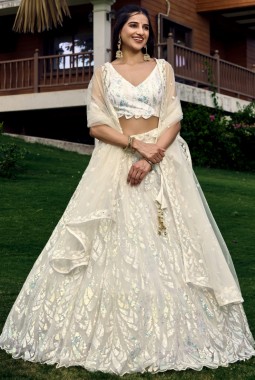 White Soft Net Multiple Sequins Wedding Lehenga Choli