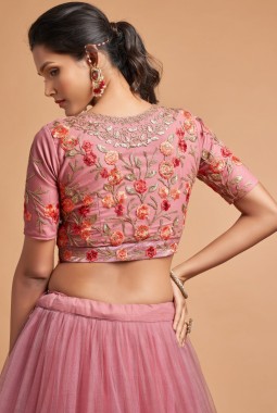 Dusty Pink Net Embroidery Wedding Lehenga Choli