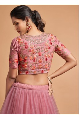 Dusty Pink Net Embroidery Wedding Lehenga Choli