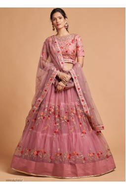 Dusty Pink Net Embroidery Wedding Lehenga Choli