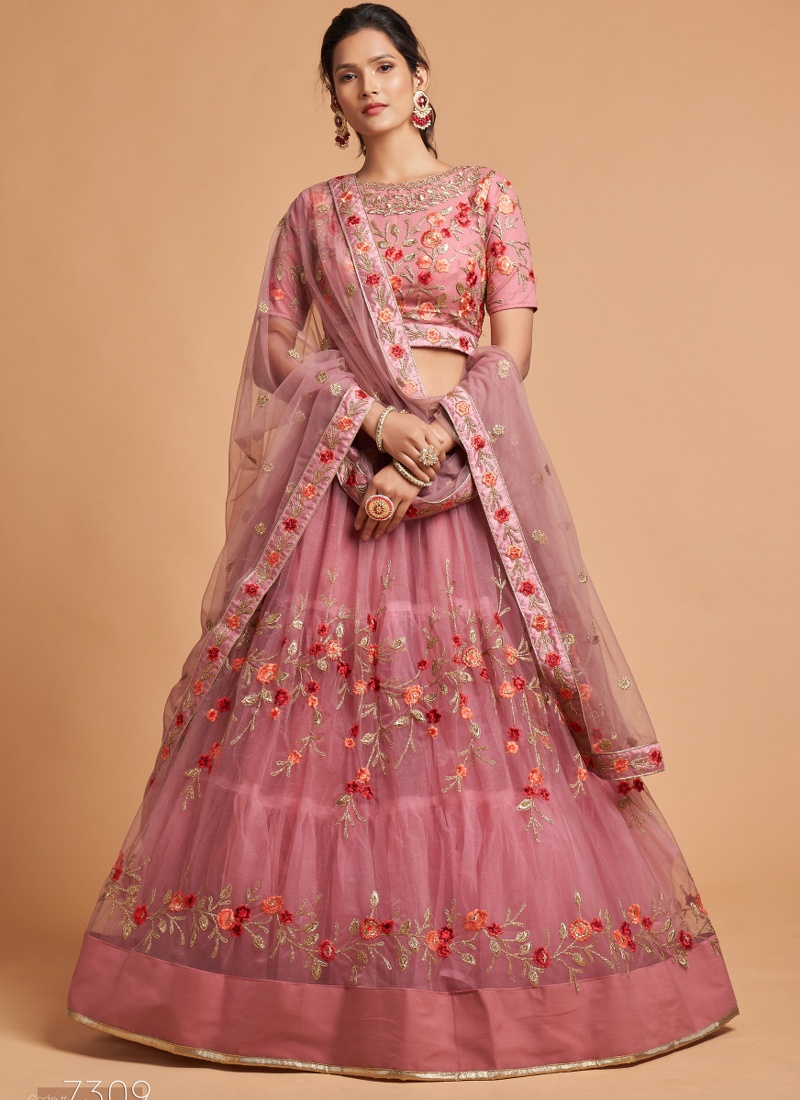 Dusty Pink Net Embroidery Wedding Lehenga Choli