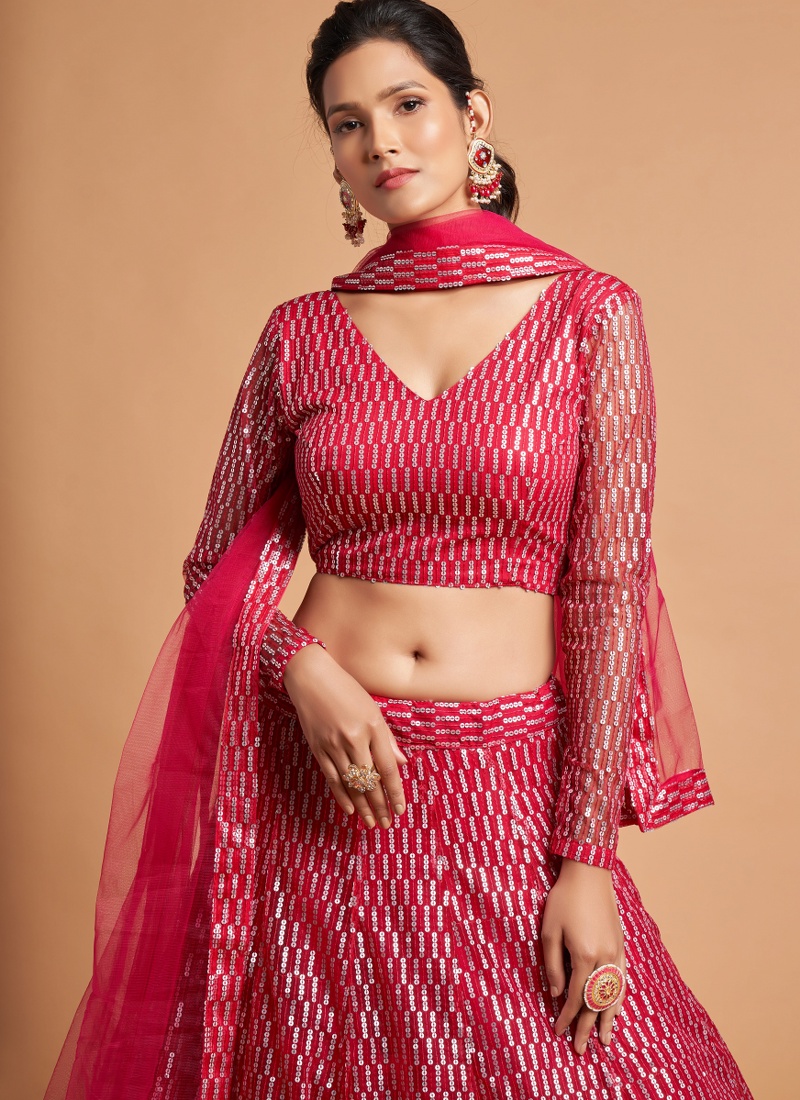 Hot Pink Net Sequins Wedding Lehenga Choli