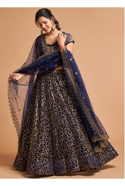 Navy Blue Net Embroidery Wedding Lehenga Choli