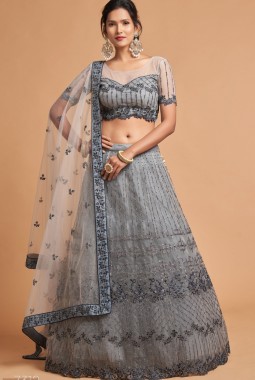 Grey Net Zari Embroidery Wedding Lehenga Choli