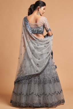 Grey Net Zari Embroidery Wedding Lehenga Choli
