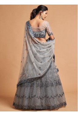 Grey Net Zari Embroidery Wedding Lehenga Choli
