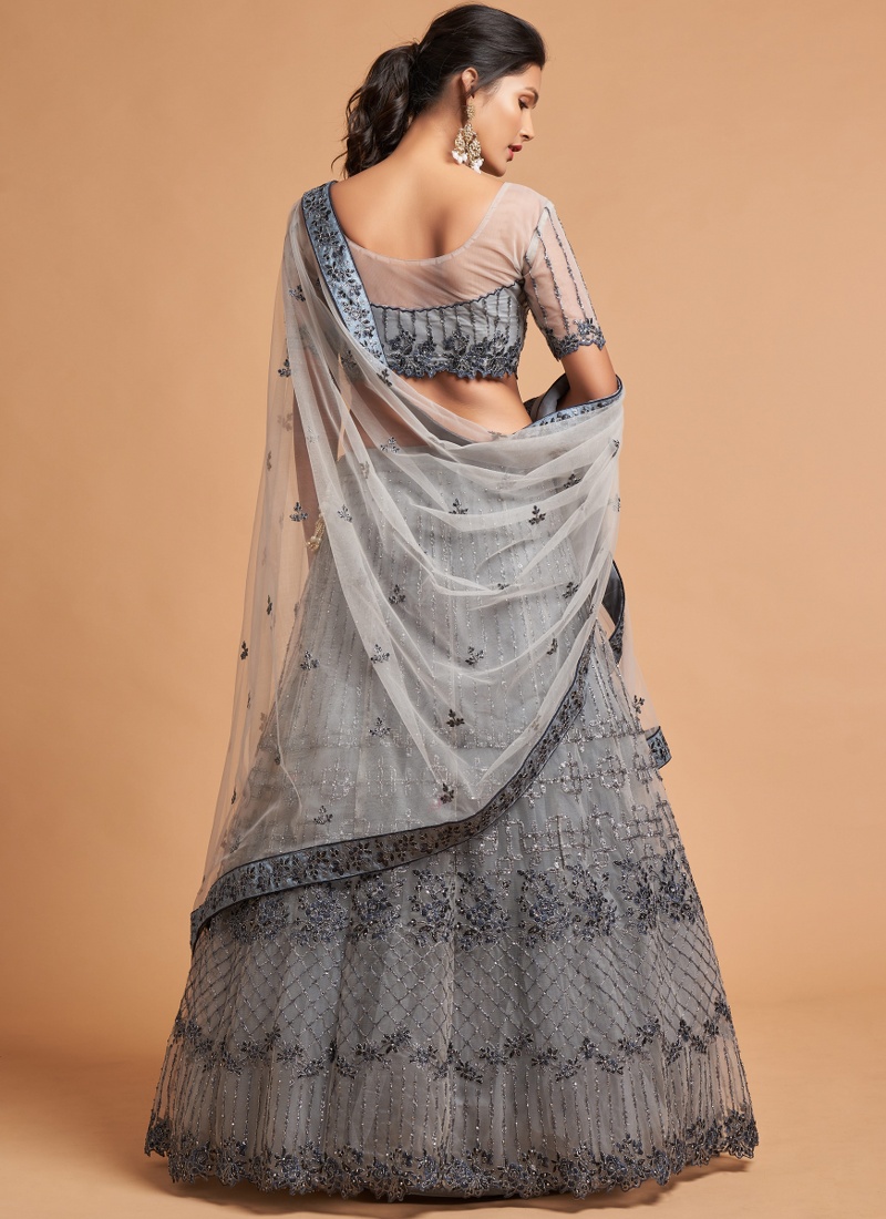 Grey Net Zari Embroidery Wedding Lehenga Choli