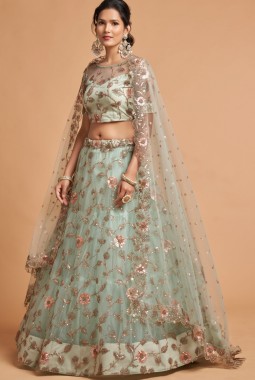 Sky Blue Net Multi Sequins Wedding Lehenga Choli